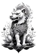 traditional foo dogs standing guard facing each other with a feminine touch and lotus and gems around them.  tattoo design idea