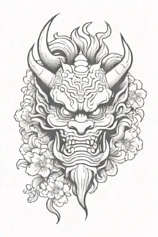 japanese oni mask with big dragon and smoke forming the shape with a little flowers  tattoo design idea