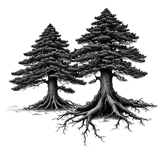 2 redwood trees with intertwined roots reaching deep. one tree is slightly taller than the other tattoo design idea