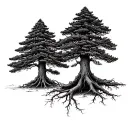 2 redwood trees with intertwined roots reaching deep. one tree is slightly taller than the other tattoo design idea