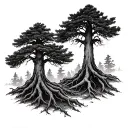 2 redwood trees with intertwined roots reaching deep. one tree is slightly taller than the other tattoo design idea