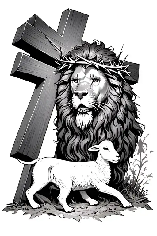 lion with crown of thorns inside a cross with a lamb at the foot of the cross tattoo design idea