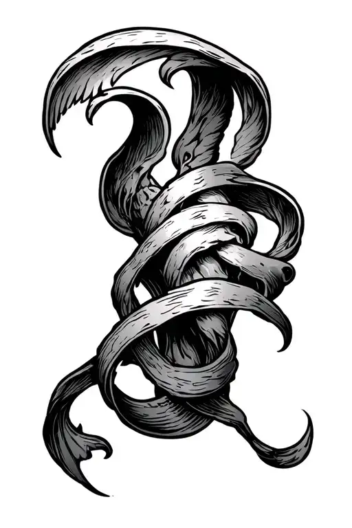 Symbols of 7 mortal sins in the form of soaring scrolls in the hand of death tattoo design idea
