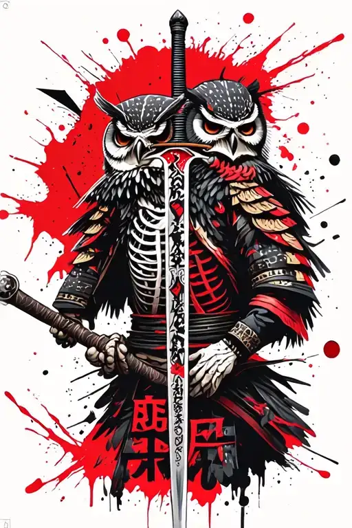 samurai, sword, owl half alive half skeleton, japanese letters and geometric shapes tattoo design idea