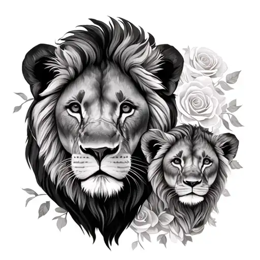 lion and cub faces with roses represet father and daughter tattoo design idea