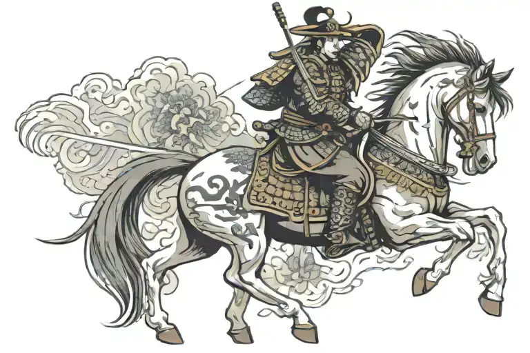 samurai warrior on top of a horse wielding a sword  tattoo design idea