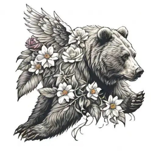bear with angel wings with flowers tattoo design idea
