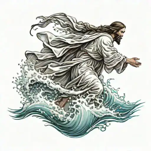 Hyper Realistic, Portrait of Jesus Christ walking from the back, on water waves, stormy waters, highly detailed imagery, tattoo design idea