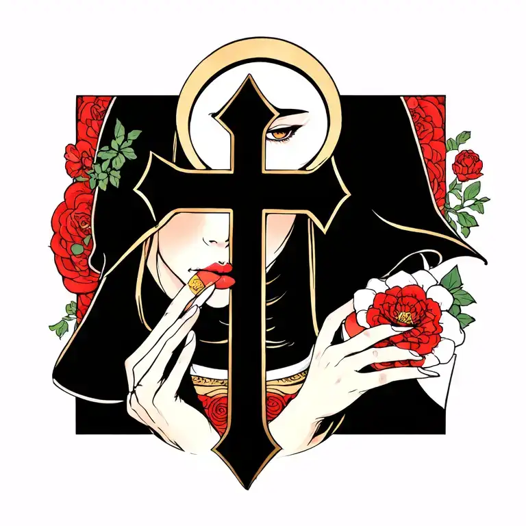whore Nun biting cross tattoo design featuring tattoo design idea