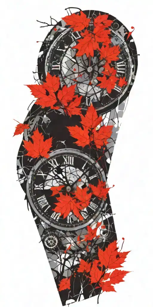 birch tree red leaves and only 3 round clocks tattoo design idea