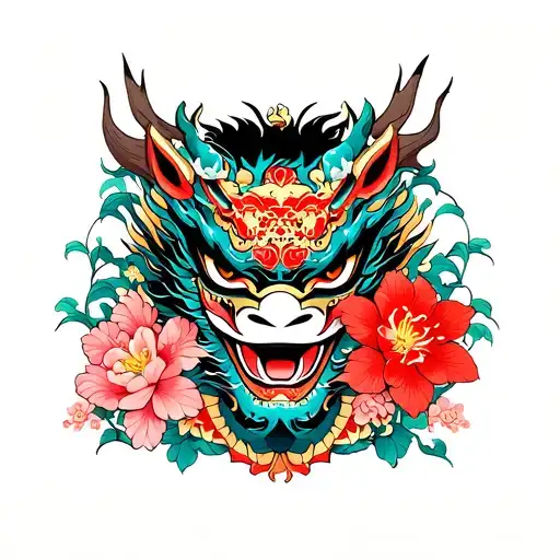 Japanese mask with Dragon and Cerezo Flowers tattoo design idea