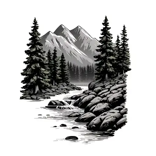 Ore Mountains, coniferous forest, spruce trees, stream, sledgehammer and iron, mine tattoo design idea