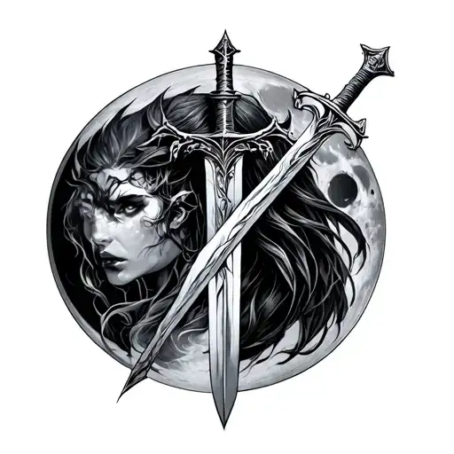 lilith Symbol of a Monster Moon and a sword intertwined tattoo design idea