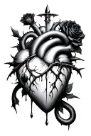 dagger piercing realistic bleeding human heart ensnared by black roses with thorns. Black mamba around heart and dagger tattoo design idea