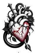 dagger piercing realistic bleeding human heart ensnared by black roses with thorns. Black mamba around heart and dagger tattoo design idea