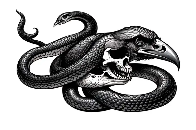 snake intertwined with raven skull eat his tail wrapped tattoo design idea