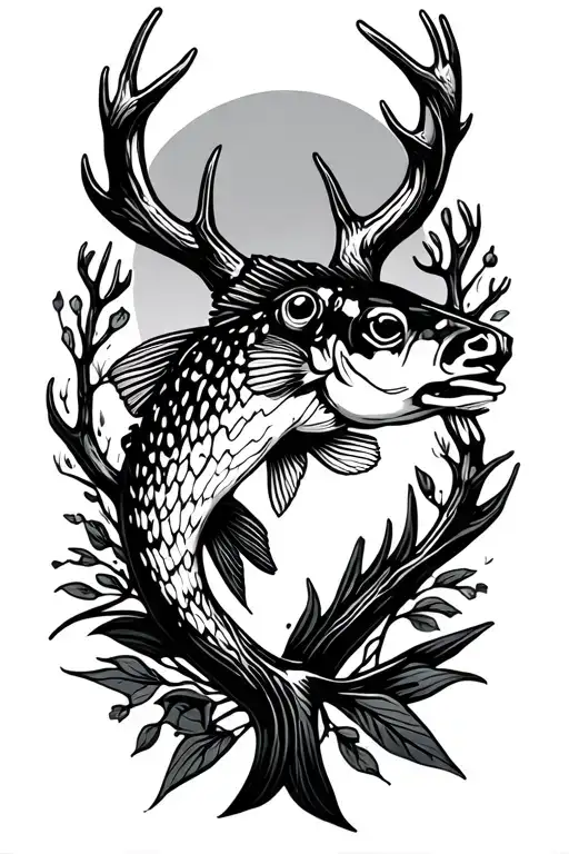 fish and deer antlers tattoo design idea