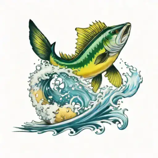 mahi-mahi jumping out of waves. sunset behind them tattoo design idea
