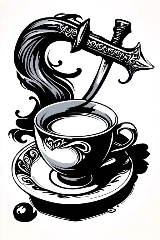 tea cup with cane sword behind it from top right tattoo design idea