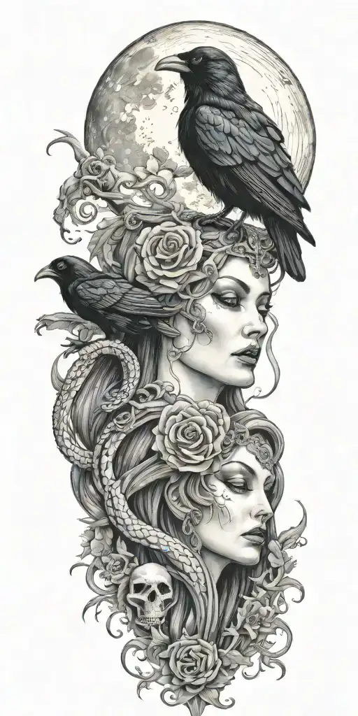 goddess of death, raven, snake, moon tattoo design idea