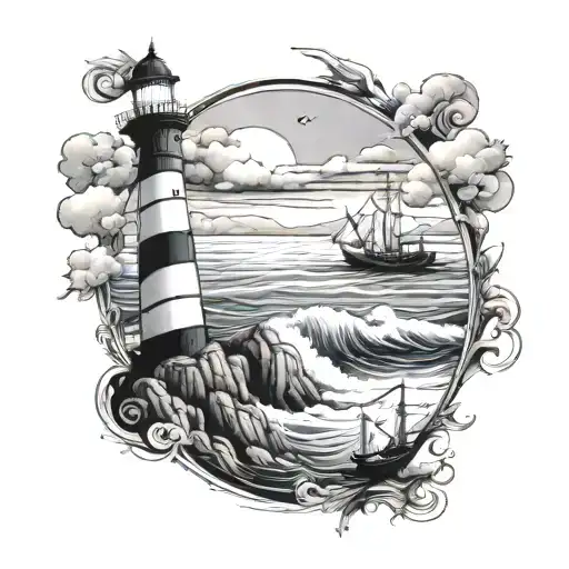 maritime scene featuring light house tattoo design idea