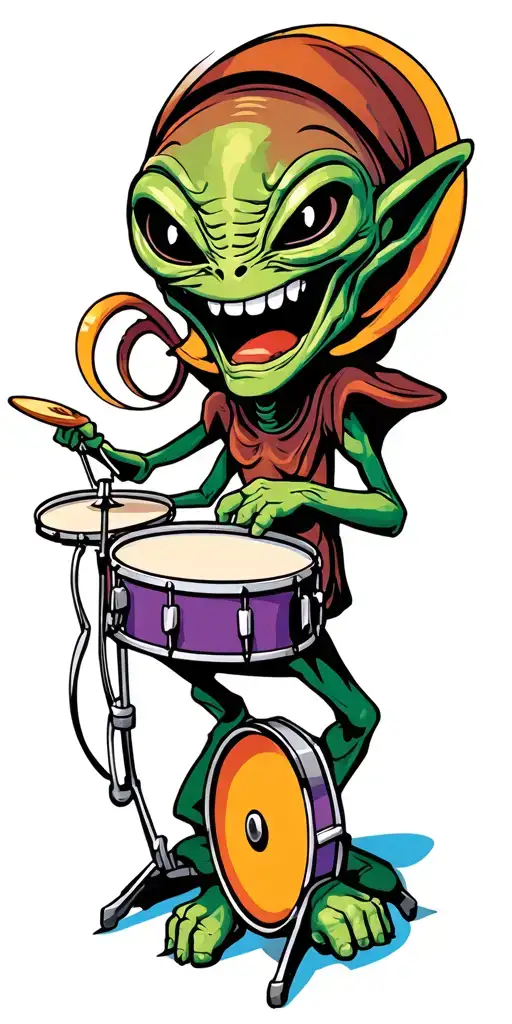 cartoon alien smiling and playing drum set surrounded tattoo design idea