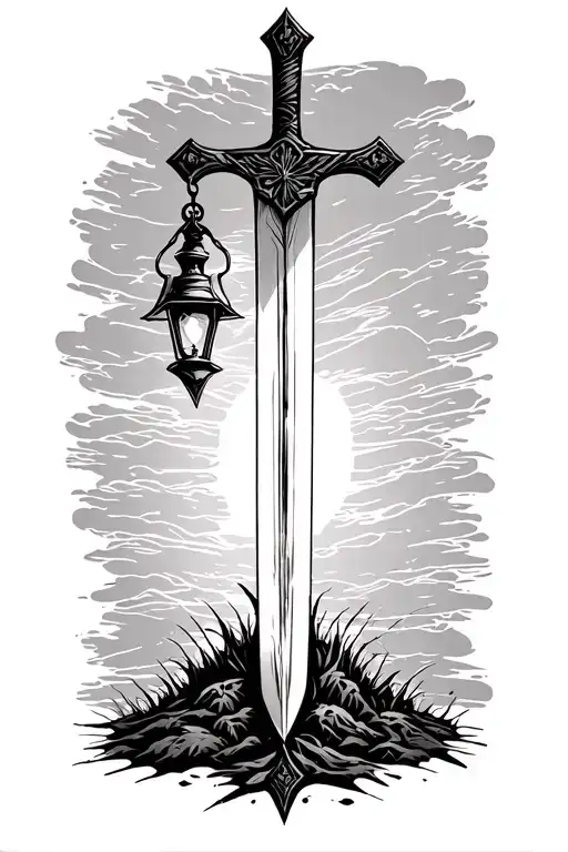 Sword: A vertical sword planted in the ground, tip buried, drawn in bold black lines. Lantern: Hanging from the cross tattoo design idea