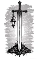 Sword: A vertical sword planted in the ground, tip buried, drawn in bold black lines. Lantern: Hanging from the cross tattoo design idea