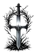 Sword: A vertical sword planted in the ground, tip buried, drawn in bold black lines. Lantern: Hanging from the cross tattoo design idea