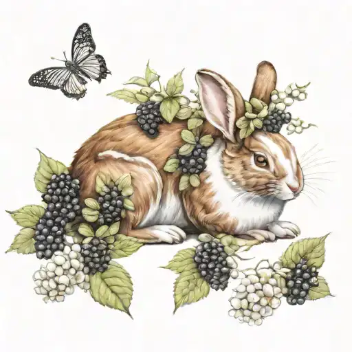 white and brown rex rabbit surrounded by blackberries tattoo design idea
