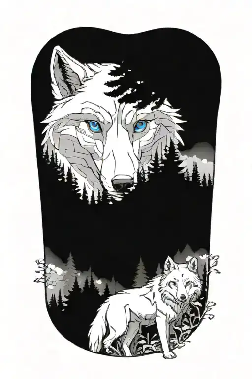 wolf blue eyes forest landscape tattoo design idea