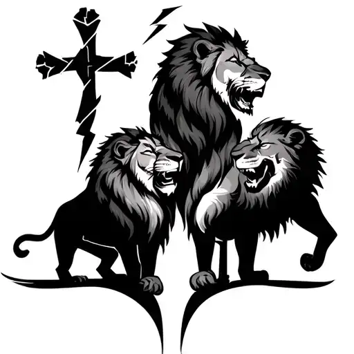 Created a tatoo with 2 lions looking at the abdomen levels with lightning and eu and a cross separated them tattoo design idea