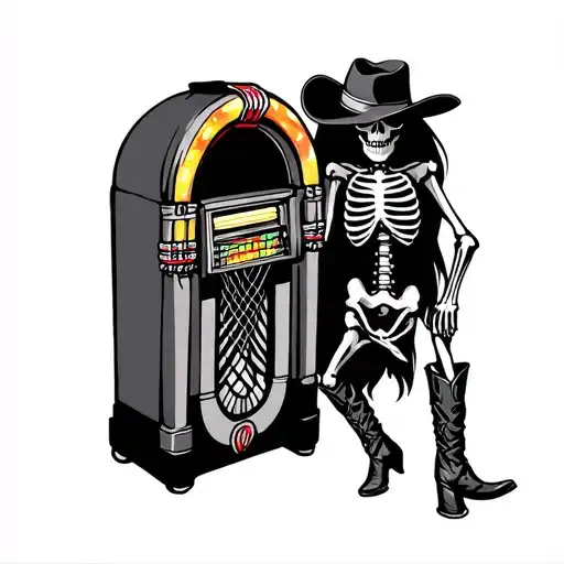 cowboy skeleton in boots with hat covering eyes standing next to a jukebox  tattoo design idea