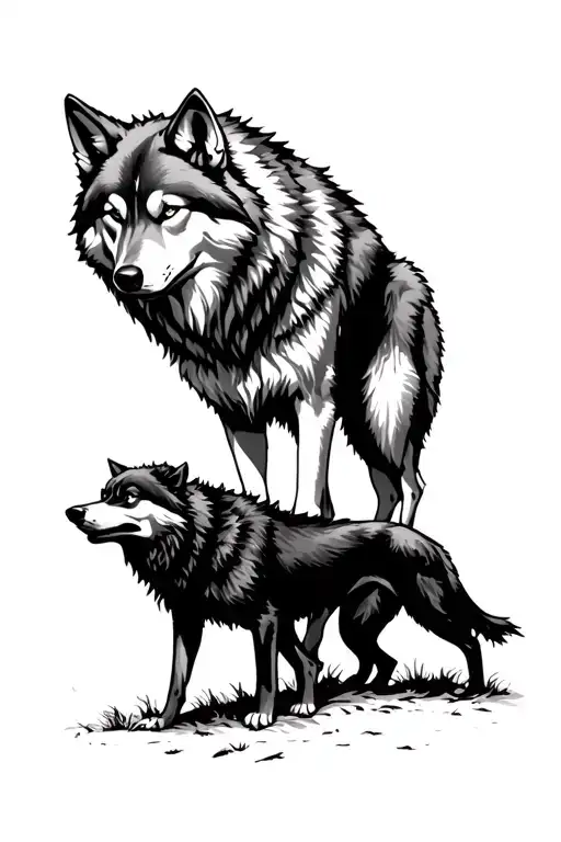 2 wolves, a lightly shaded wolf standing over a darkly shaded wolf who is defeated tattoo design idea