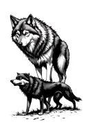 2 wolves, a lightly shaded wolf standing over a darkly shaded wolf who is defeated tattoo design idea