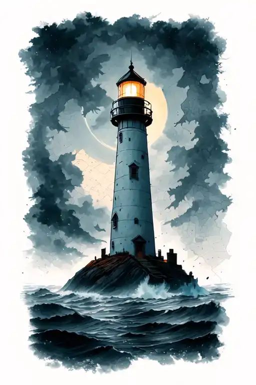 map background with a lighthouse lit up through fog in the foreground tattoo design idea