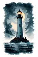 map background with a lighthouse lit up through fog in the foreground tattoo design idea