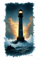 map background with a lighthouse lit up through fog in the foreground tattoo design idea