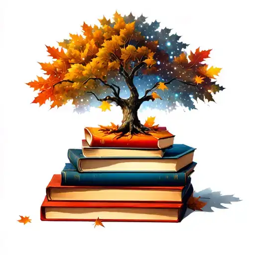 starry night, pile of books, fall leaves and tree tattoo design idea