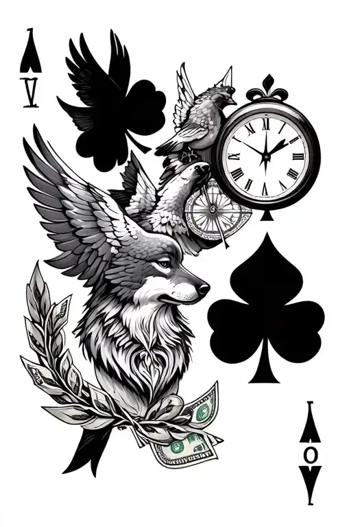 full arm sleeve of clock, doves, eye, shamrock, wolf, ace of spades, arrows, money, compass, laurel wreath, and wings tattoo design idea
