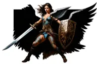 Valkyrie midair attack pose with sword and shield tattoo design idea