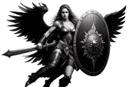 Valkyrie midair attack pose with sword and shield tattoo design idea