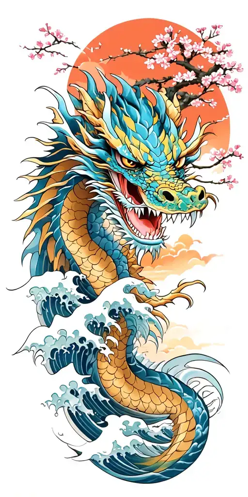 A fierce blue dragon emerging from the ocean waves with cherry blossom trees in the background tattoo design idea