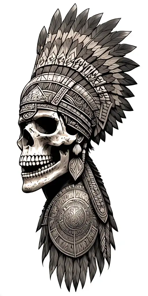 Aztec warrior skull surrounded tattoo design idea