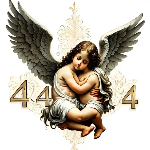 Angel hugging a child and the number 444 tattoo design idea
