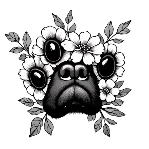 dog nose and paw print with flowers tattoo design idea
