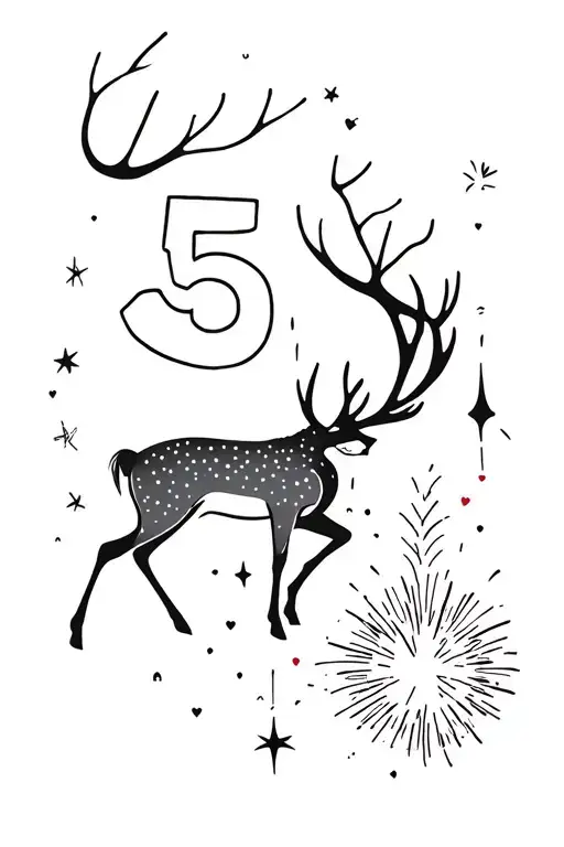 I want a tattoo design that has a deer, the number 5, a firework, and an eternal, forbidden unrequited love. tattoo design idea