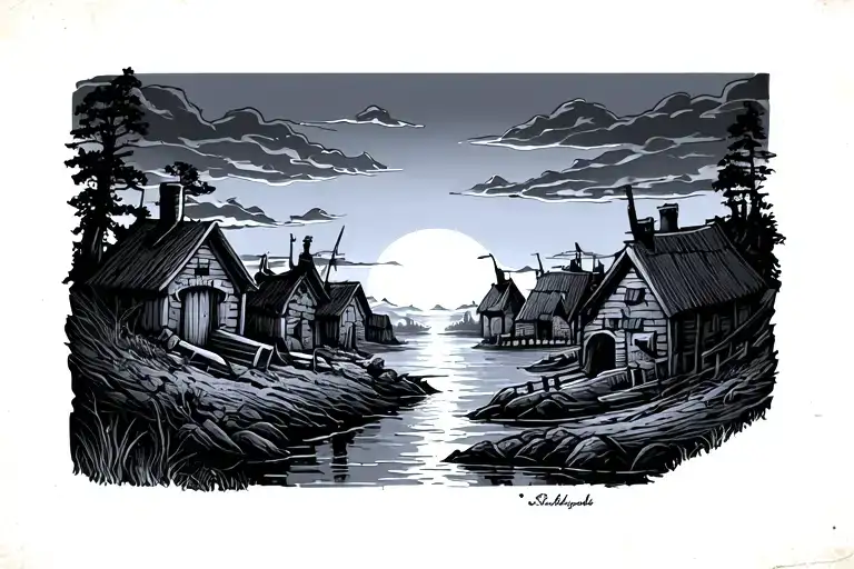 Sunset over a Viking village tattoo design idea