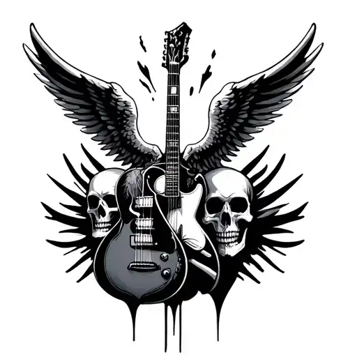 angel wings guitar skulls representing dark periods and memorial  tattoo design idea