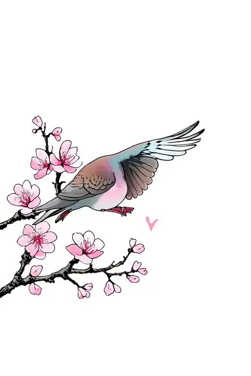 cherry blossom flowers with mourning dove flying tattoo design idea